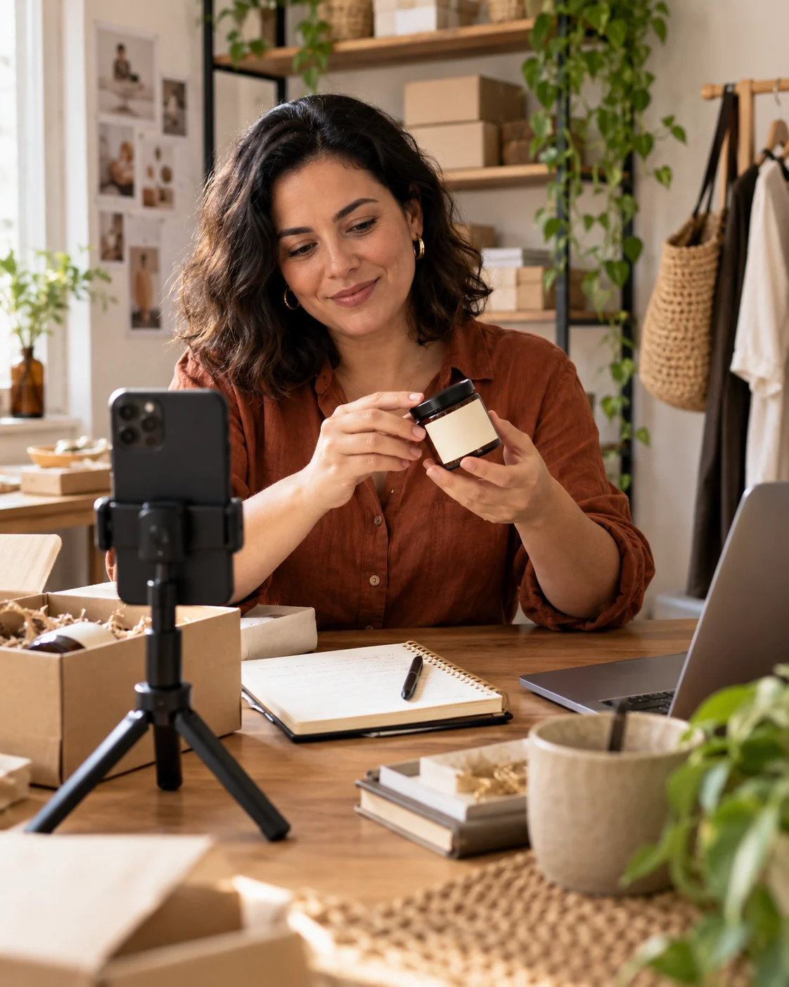 Empreendedora gravando um vídeo de produto com o celular